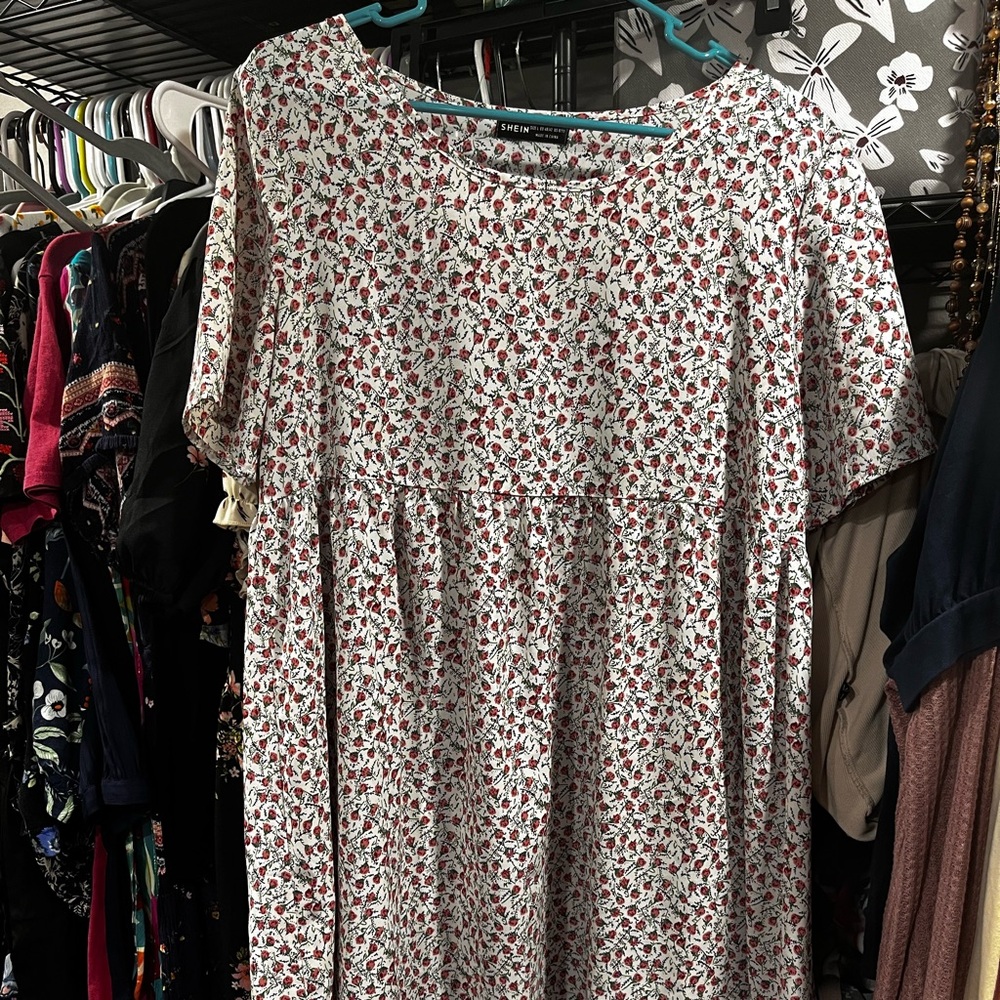 SHEIN Red and White Floral Long Sleeve Dress